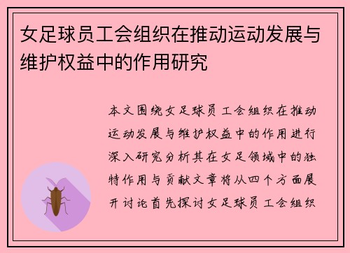 女足球员工会组织在推动运动发展与维护权益中的作用研究